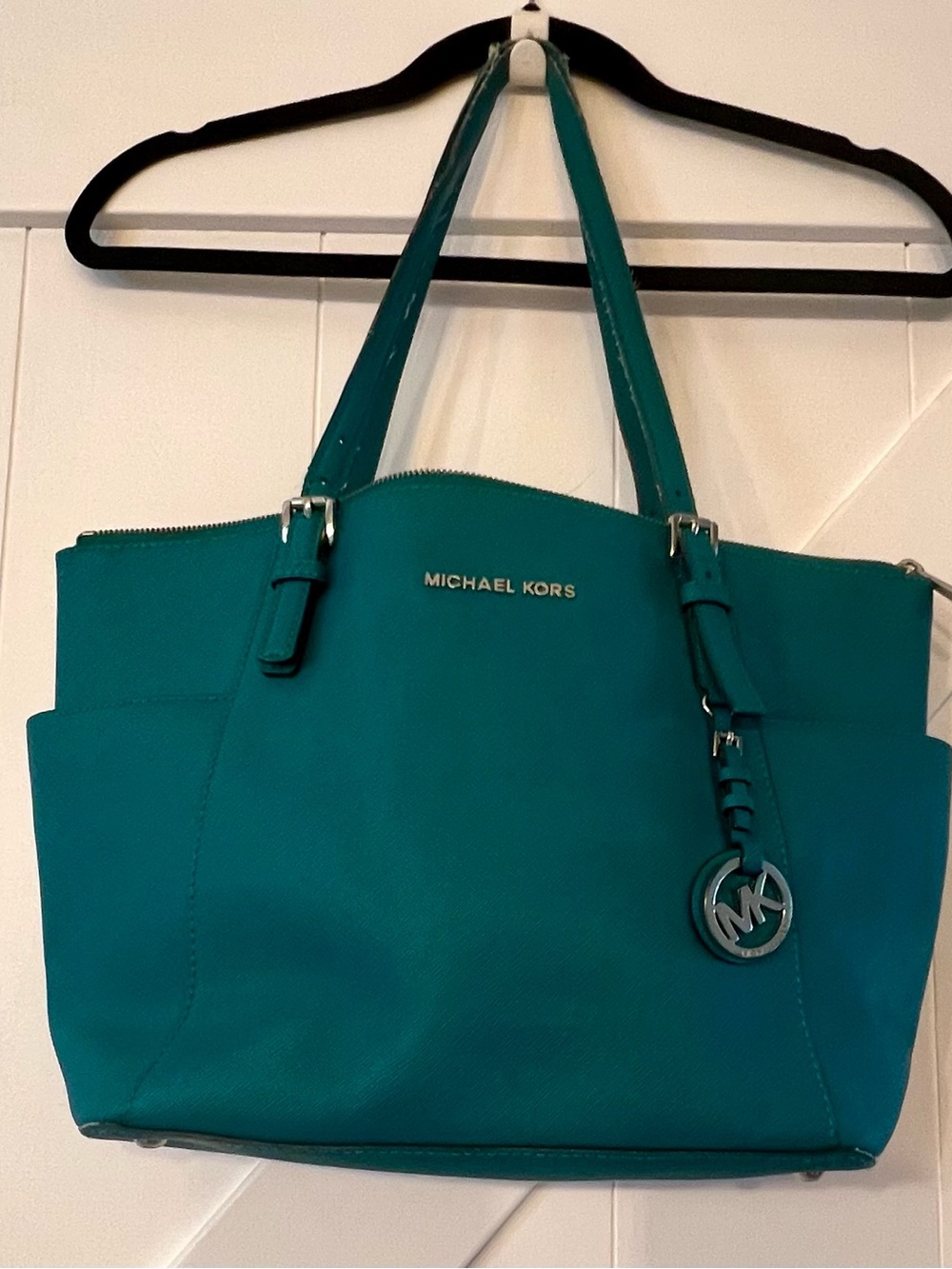 Michael Kors Teal Saffiano Tote with MK Charm - Straps Need Repair